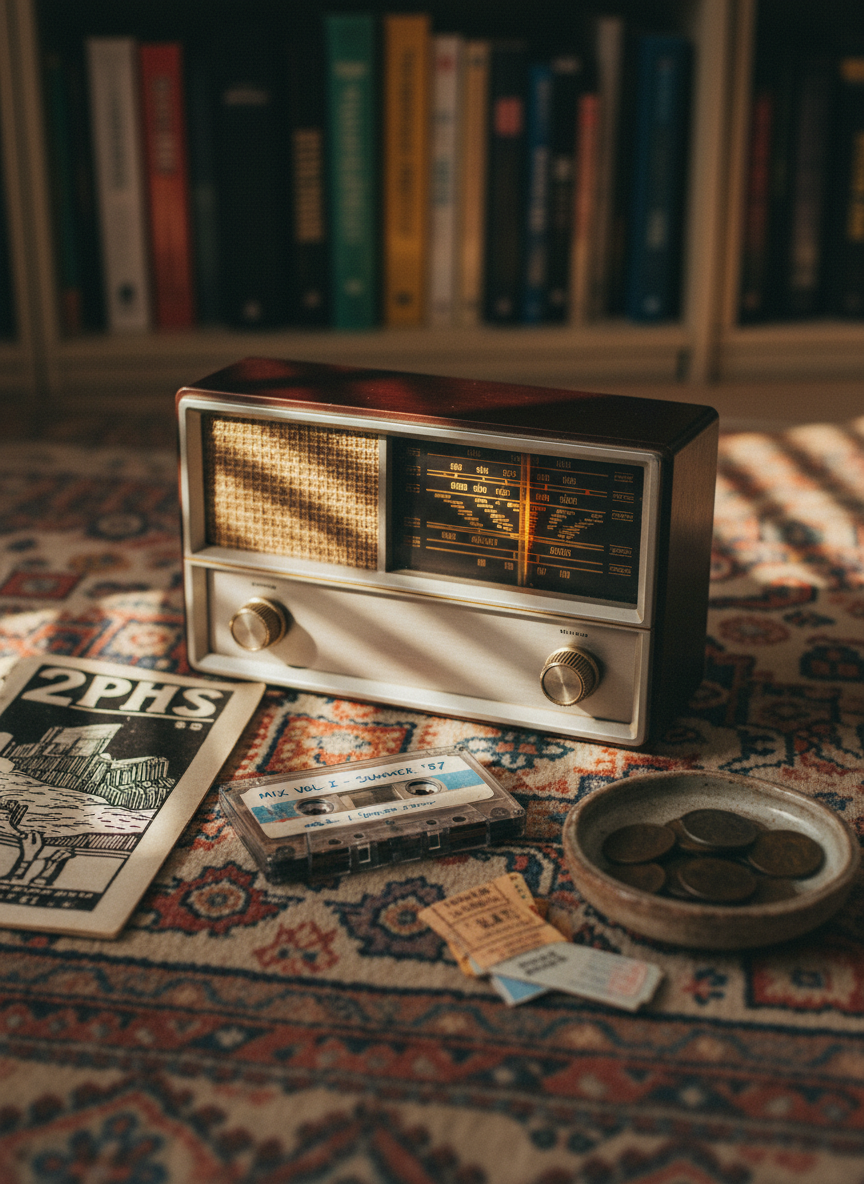 A vintage transistor radio with a brushed aluminum face, warm amber tuning dial, and tiny knurled knobs rests on a patterned, slightly faded rug. Around it lie scattered cultural artifacts: an open zine with bold black-and-white graphics, a cassette tape with handwritten labels, and a small ceramic dish holding subway tokens and ticket stubs. The radio’s textured speaker grille catches a slice of golden hour sunlight streaming through blinds, casting striped shadows across the rug and objects. Photographic realism, shot from a low angle at close range, uses shallow depth of field to blur the background bookshelves into soft color blocks. The mood is nostalgic and reflective, capturing the feeling of exploring culture and ideas through offline artifacts and quiet listening.