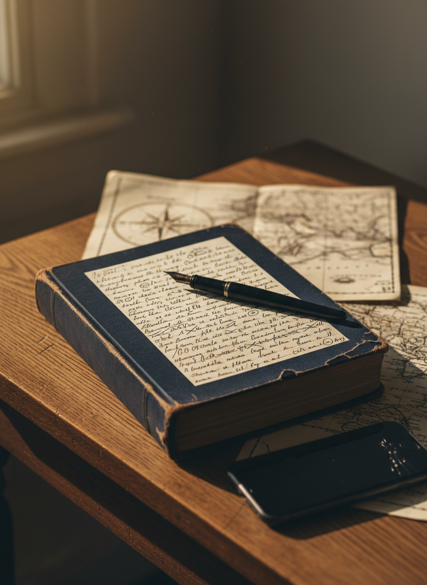A well-worn hardcover journal with a deep navy cloth cover, its edges frayed and corners softened by years of use, lies half-open on a small oak desk. A black ink pen rests diagonally across a page filled with tight, handwritten notes and tiny arrows, some lines crossed out in thought. Around it, a few folded paper maps and a powered-off smartphone sit slightly out of focus. Late afternoon window light falls in a diagonal beam across the desk, creating gentle shadows and warm highlights on the journal’s textured fabric. Captured at eye level with a shallow depth of field, in photographic realism, the scene feels contemplative and quietly introspective, evoking the private culture of ideas formed while offline.