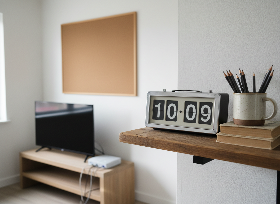 An old-fashioned analog flip clock with bold white numbers on matte black tiles sits at the edge of a simple wooden shelf, its metal frame slightly scuffed. Next to it, a small stack of mismatched paperback books leans casually against a chunky ceramic mug filled with sharpened pencils. The background reveals a minimalist living room corner with a dormant TV screen, unplugged game console, and a blank corkboard on the wall. Soft overcast daylight filters through an unseen window, casting diffused, shadowless light that softens every edge. Photographic realism, shot from a slightly elevated angle with balanced composition, creates a calm, almost timeless mood, suggesting a pause from digital noise and a return to slower, analog culture.